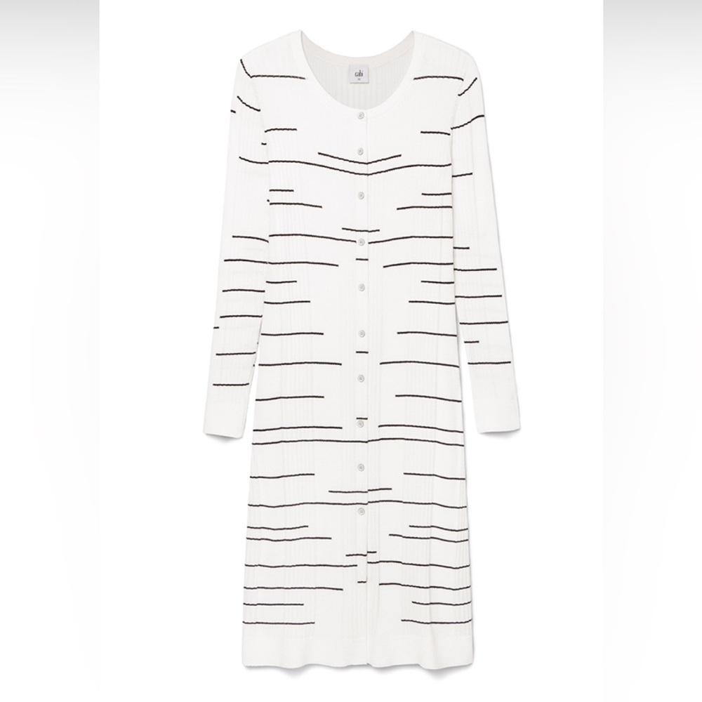 Cabi Cardigan Sweater Women's Medium White Striped Knit Button Front Long Sleeve